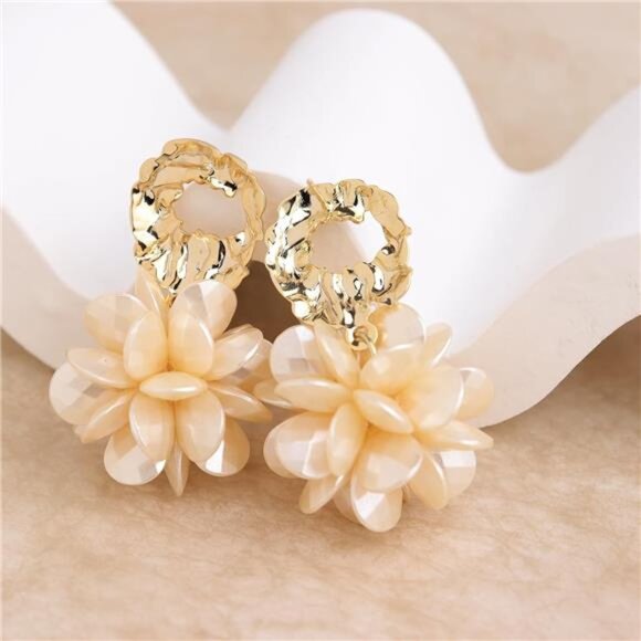 Big Gold Flower Dangle Earrings | 14K Gold Plated Geometric Petal Cluster Drops - Picture 4 of 6